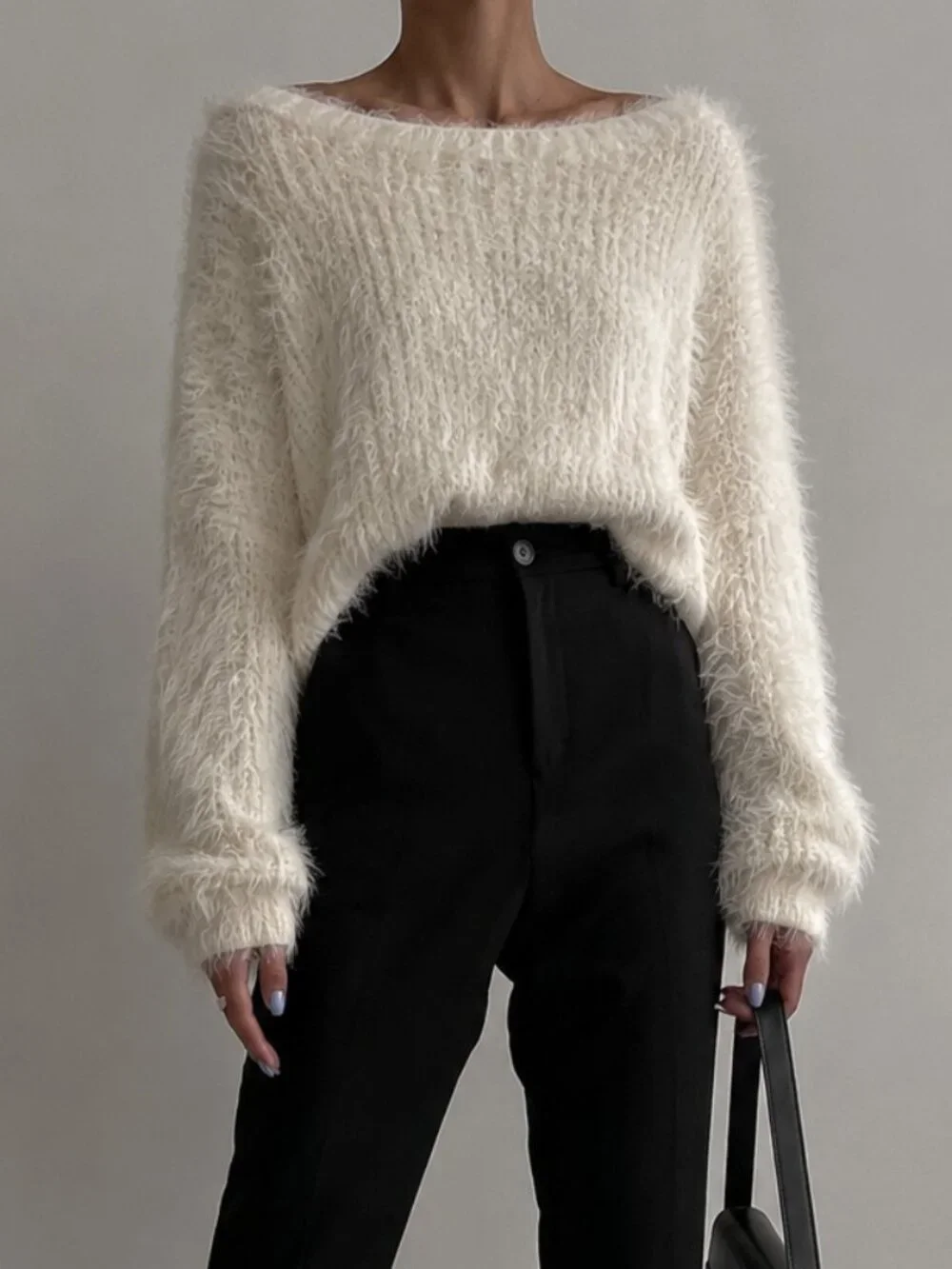 Adora NWT Ivory Luxe Faux Fur Eyelash Boat Neck Oversized Soft Cozy Sweater